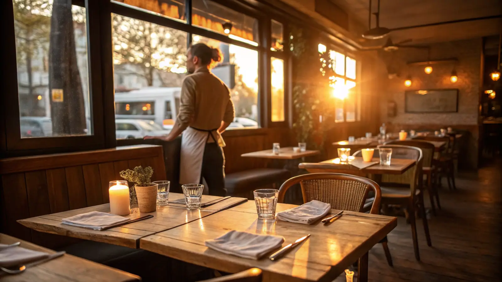 Restaurant owner seen from behind arranging a sunlit dining room at golden hour, tables set with glasses
