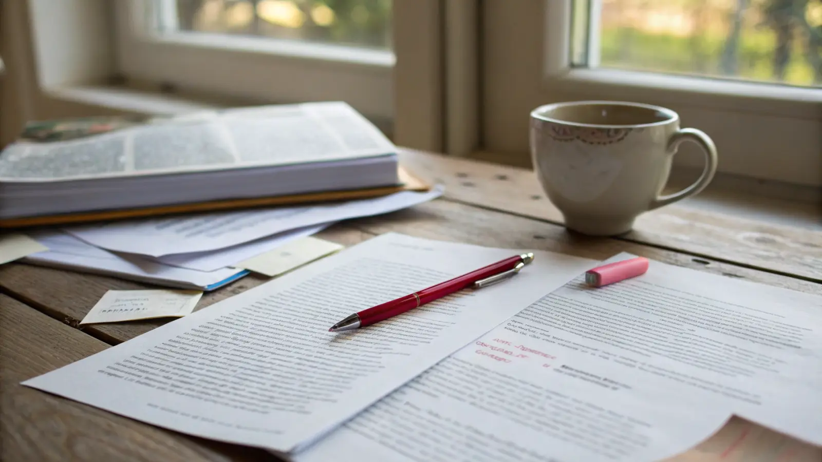 Printed pages with sticky notes and red pen markings on a wooden table beside a cup of tea