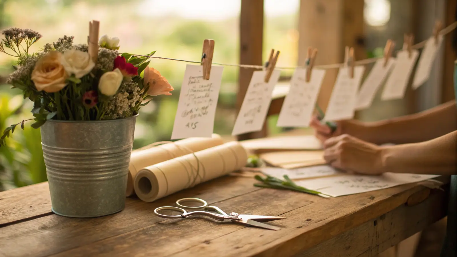 Handwritten order slips pegged to twine above a florist bench with flowers, kraft paper and scissors