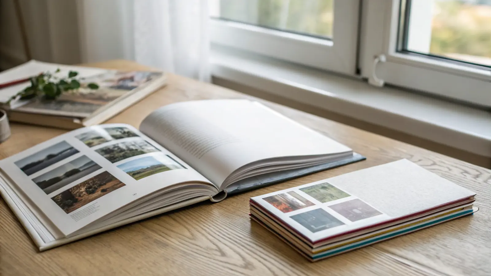 Open portfolio book with photo layouts beside stacked brochures on a wooden table by a window